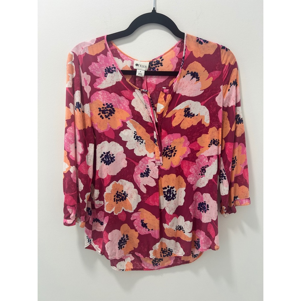 Stylus Womens Pink Orange‎ Floral Rayon Split Neck 3/4 Sleeve Blouse Size M